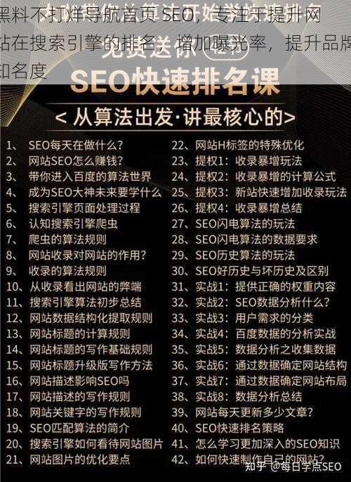 黑料不打烊导航首页 SEO，专注于提升网站在搜索引擎的排名，增加曝光率，提升品牌知名度