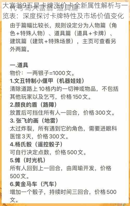 大富翁9五星卡牌涨价卡全新属性解析与一览表：深度探讨卡牌特性及市场价值变化