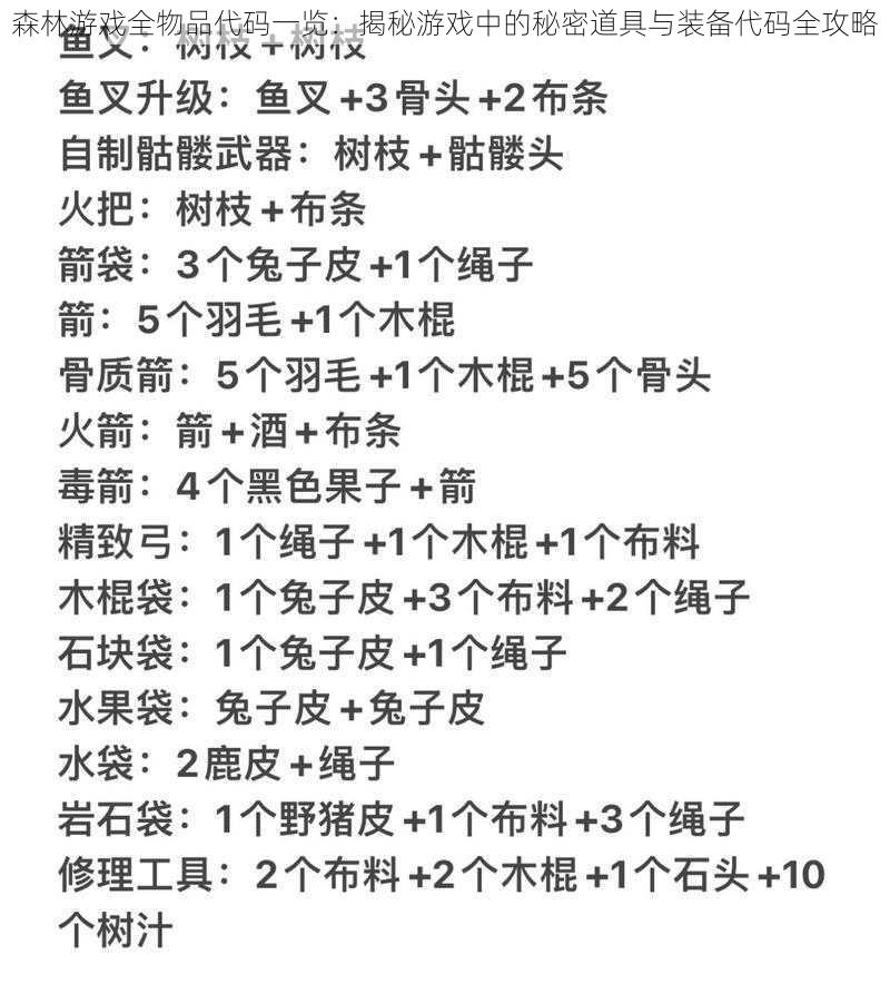 森林游戏全物品代码一览：揭秘游戏中的秘密道具与装备代码全攻略